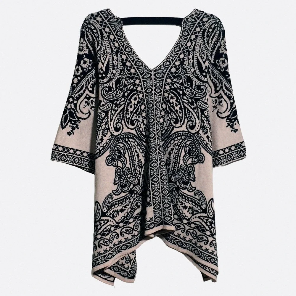 Flying Tomato Boho Chic XL 1X 2X‎ 3X Paisley Knit Poncho Sweater Beige Black